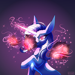 Size: 2500x2500 | Tagged: safe, artist:celes-969, trixie, pony, unicorn, g4, female, glowing, glowing eyes, high res, levitation, looking at you, magic, playing card, slit pupils, smiling, solo, telekinesis