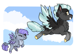 Size: 2732x2048 | Tagged: safe, artist:moccabliss, thunderlane, oc, oc:amethyst shine, pegasus, pony, g4, colored wings, father and child, father and daughter, female, filly, fluffy, flying, high res, male, offspring, parent:rarity, parent:thunderlane, parents:rarilane, two toned wings, wings