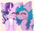 Size: 2390x2190 | Tagged: safe, artist:saltyvity, izzy moonbow, starlight glimmer, pony, unicorn, g4, g5, my little pony: a new generation, :o, cute, duo, female, high res, love, magic, notebook, one eye closed, open mouth, open smile, pencil, smiling, sparkles, wink