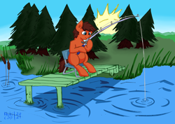 Size: 7016x4961 | Tagged: safe, artist:khaki-cap, oc, oc only, oc:steven, earth pony, pony, art trade, chair, deviantart, digital art, earth pony oc, fishing, fishing rod, forest, happy, lake, link in description, male, nature, pier, pond, river, scenery, sketch, solo, sun, tree, water