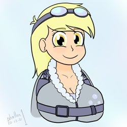 Size: 800x800 | Tagged: safe, artist:phallen1, derpy hooves, human, g4, breasts, bust, busty derpy hooves, cleavage, clothes, cutie mark, cutie mark on clothes, female, goggles, humanized, parachute, simple background