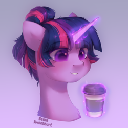 Size: 2300x2300 | Tagged: safe, artist:anku, twilight sparkle, pony, unicorn, collaboration:too many twilight, g4, alternate hairstyle, bust, coffee, coffee cup, collaboration, cup, female, glowing, glowing horn, head, high res, horn, portrait, short hair, solo, unicorn twilight