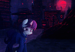 Size: 2028x1424 | Tagged: safe, artist:menalia, oc, oc only, oc:quiet destiny, pony, unicorn, aesthetics, chromatic aberration, city, clothes, cyberpunk, female, mare, mountain, night, pants, police, police badge, sad, shirt, skyscraper, solo, water