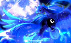 Size: 875x535 | Tagged: safe, artist:dolorosacake, princess luna, alicorn, pony, g4, butt, female, flying, hooves, moon, plot, smiling, solo, underhoof, wings