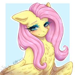 Size: 1280x1280 | Tagged: safe, artist:imartist22, fluttershy, pegasus, pony, g4, blushing, bust, chest fluff, cute, female, looking at you, mare, outline, shyabetes, solo, three quarter view, white outline, wings
