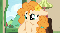 Size: 1280x720 | Tagged: safe, screencap, pear butter, earth pony, pony, g4, season 7, the perfect pear, cute, female, heartbreak, hoof over mouth, pearabetes, reaction image, sad, solo