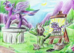 Size: 2338x1661 | Tagged: safe, artist:3500joel, twilight sparkle, alicorn, pegasus, pony, g4, blushing, duo, easel, female, male, painting, pedestal, spread wings, squatpony, traditional art, twiggie, twilight sparkle (alicorn), wings