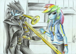 Size: 2324x1660 | Tagged: safe, artist:3500joel, rainbow dash, oc, oc:finger sound, equestria girls, g4, clothes, duo, female, jacket, male, meme, musical instrument, oven, sunglasses, traditional art, trombone, when mama isn't home