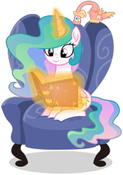 Size: 5754x8177 | Tagged: safe, artist:cirillaq, philomena, princess celestia, alicorn, phoenix, pony, g4, absurd resolution, book, chair, duo, duo female, female, glowing, glowing horn, horn, magic, magic aura, simple background, sitting, smiling, telekinesis, transparent background, younger