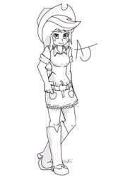 Size: 1280x1921 | Tagged: safe, artist:genericmlp, applejack, equestria girls, g4, female, lineart, monochrome, simple background, solo, white background