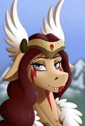 Size: 2000x2962 | Tagged: safe, artist:twotail813, oc, oc only, monster pony, original species, tatzlpony, bust, clothes, eyeshadow, fangs, female, high res, makeup, portrait, scar, solo