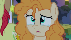 Size: 1280x720 | Tagged: safe, screencap, bright mac, pear butter, earth pony, pony, g4, season 7, the perfect pear, crying, cute, duo, female, male, offscreen character, sad, sadorable, teary eyes