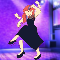 Size: 768x768 | Tagged: safe, artist:metaruscarlet, derpibooru exclusive, moondancer, human, g4, clothes, dancing, dress, eyes closed, female, high heels, humanized, missing accessory, party, shoes, solo