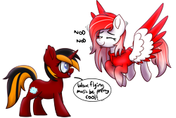 Size: 3017x2021 | Tagged: safe, artist:memeancholy, oc, oc only, oc:making amends, oc:red flame, bat pony, pegasus, pony, unicorn, 11th anniversary, anniversary art, colored wings, duo, female, flying, glasses, happy, high res, horn, nodding, simple background, smiling, speech, speech bubble, standing, talking, transparent, transparent background, two toned wings, wings