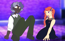 Size: 1127x720 | Tagged: safe, artist:metaruscarlet, derpibooru exclusive, moondancer, star bright, human, g4, clothes, dark skin, dress, female, humanized, looking at each other, male, missing accessory, moonbright, one eye closed, open mouth, pants, party, shipping, shirt, shoes, straight, vest