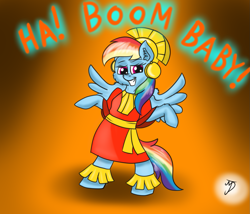 Size: 1259x1080 | Tagged: safe, artist:takutanuvataio, rainbow dash, pegasus, pony, g4, bipedal, clothes, crossover, female, kuzco, movie reference, reference to another series, solo, spread wings, the emperor's new groove, the emporer's new groove, wings