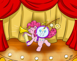 Size: 2000x1600 | Tagged: safe, artist:takutanuvataio, pinkie pie, earth pony, pony, g4, accordion, drums, female, musical instrument, solo, stage, tambourine