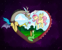 Size: 3200x2600 | Tagged: safe, artist:takutanuvataio, discord, fluttershy, draconequus, pegasus, pony, g4, blushing, duo, female, flower, flying, heart, high res, looking at each other, male, mare, open mouth, open smile, ship:discoshy, shipping, signature, smiling, smiling at each other, space, spread wings, straight, wings