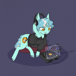Size: 1400x1400 | Tagged: safe, artist:lef-fa, lyra heartstrings, pony, unicorn, g4, alternate cutie mark, clothes, dig the swell hoodie, female, headphones, hoodie, horn, lying down, prone, record player, simple background, solo