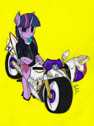 Size: 1300x1733 | Tagged: safe, artist:lef-fa, twilight sparkle, alicorn, pony, g4, female, helmet, motorcycle, simple background, solo, twilight sparkle (alicorn), yellow background