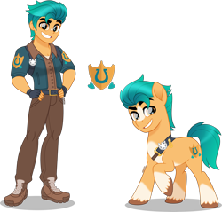 Size: 4000x3831 | Tagged: safe, artist:orin331, hitch trailblazer, earth pony, human, pony, equestria girls, g5, my little pony: a new generation, badge, bandaid, bandaid on nose, belt, blaze (coat marking), clothes, coat markings, cute, cutie mark, cutie mark on clothes, dreamworks face, equestria girls-ified, facial markings, fingerless gloves, g5 to equestria girls, g5 to g4, gloves, grin, hand on hip, handsome, high res, human ponidox, jacket, looking at you, male, movie accurate, pants, pose, raised hoof, self paradox, self ponidox, shadow, shoes, simple background, smiling, smiling at you, socks (coat markings), stallion, stupid sexy hitch trailblazer, transparent background, unshorn fetlocks