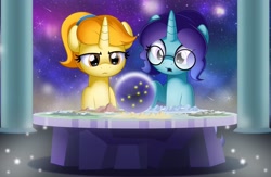 Size: 2048x1335 | Tagged: safe, artist:jhayarr23, oc, oc only, pony, unicorn, cosmic wizard, crystal ball, duo, duo female, female, flat earth, glasses, horn, lidded eyes, macro, mare, open mouth, pony bigger than a planet, pony bigger than a star, space, wizard
