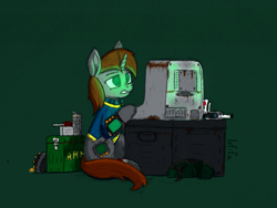Size: 1500x1125 | Tagged: safe, artist:lef-fa, oc, oc only, oc:littlepip, pony, unicorn, fallout equestria, ammobox, ammunition, bag, bandage, clothes, computer, crate, cropped, drink, female, glowing, glowing horn, green background, gritted teeth, gun, hacking, handgun, horn, jumpsuit, landmine, little macintosh, looking at something, mare, pipbuck, revolver, saddle bag, screwdriver, simple background, sitting, solo, terminal, three quarter view, traditional art, vault suit, water, weapon
