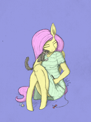 Size: 1500x2000 | Tagged: safe, artist:lef-fa, fluttershy, cat, anthro, unguligrade anthro, g4, cat toy, clothes, cropped, cute, daaaaaaaaaaaw, dress, eyes closed, female, fluttershy being fluttershy, folded wings, holding, kitten, schrödinger's pantsu, shyabetes, simple background, sitting, solo, three quarter view, traditional art, wings