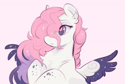 Size: 3543x2362 | Tagged: safe, artist:apple_nettle, oc, oc only, pegasus, pony, chest fluff, female, freckles, high res, pink background, simple background, solo, spots, spread wings, wings