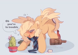 Size: 3508x2480 | Tagged: safe, artist:apple_nettle, oc, oc only, oc:mirta whoowlms, pegasus, pony, blushing, bottle, cactus, clothes, cutie mark, drunk, female, flower, high res, potted plant, scarf, shotglass, simple background, solo, speech bubble, this will end in pain