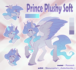 Size: 1800x1659 | Tagged: safe, artist:meowcephei, oc, oc only, oc:prince plushy soft, alicorn, pony, ^^, alicorn oc, beard, chest fluff, color palette, colored hooves, colored wings, colored wingtips, commission, curved horn, cyan eyes, ear fluff, ethereal mane, ethereal tail, eyes closed, facial hair, feather, fluffy, gradient mane, gradient tail, grin, heart, horn, leonine tail, lidded eyes, magic, magic aura, male, male alicorn, male alicorn oc, mane, pastel, reference sheet, smiling, solo, spread wings, tail, tongue out, unshorn fetlocks, wings