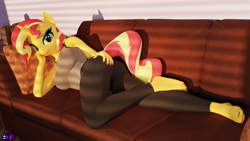 Size: 3840x2160 | Tagged: safe, artist:shadowboltsfm, sunset shimmer, unicorn, anthro, plantigrade anthro, g4, 3d, 4k, barefoot, blender, breasts, clothes, couch, eyelashes, feet, female, high res, leggings, looking at you, lying down, nail polish, not sfm, smiling, solo, toe ring, toenail polish