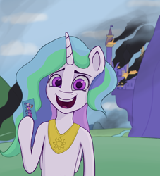 Size: 1652x1823 | Tagged: safe, artist:sv37, princess celestia, semi-anthro, g4, canterlot castle, cyrillic, female, fire, human shoulders, looking at you, meme, missing accessory, open mouth, open smile, peytral, ponified meme, russian, russian meme, smiling