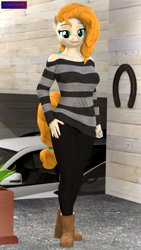 Size: 2160x3840 | Tagged: safe, artist:antonsfms, pear butter, earth pony, anthro, plantigrade anthro, g4, 3d, 4k, birthday, birthday gift, boots, car, cellphone, clothes, female, garage, hand on hip, high res, holding, horseshoes, house, leggings, looking at you, makeup, mom, mother, phone, plant, planter, plants, shoes, smiling, smiling at you, solo, source filmmaker, striped sweater, sweater