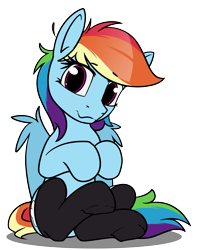 Size: 3800x4800 | Tagged: safe, alternate version, artist:dacaoo, rainbow dash, pegasus, pony, absurd resolution, black socks, clothes, cute, dashabetes, eyebrows, eyebrows visible through hair, feathered wings, female, looking at you, mare, simple background, sitting, smiling, smiling at you, socks, solo, transparent background, underhoof, wing fluff, wings