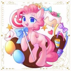 Size: 2500x2500 | Tagged: safe, artist:leafywind, pinkie pie, earth pony, pony, g4, balloon, cake, candy, colored pupils, cute, diapinkes, female, food, heart, high res, letter, lollipop, mare, missing cutie mark, obtrusive watermark, open mouth, sample, solo, starry eyes, stars, streamers, watermark, wingding eyes