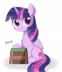 Size: 1532x1789 | Tagged: safe, artist:ginmaruxx, twilight sparkle, alicorn, pony, g4, blushing, book, bookhorse, cute, female, folded wings, mare, one word, simple background, sitting, solo, that pony sure does love books, twiabetes, twilight sparkle (alicorn), white background, wings