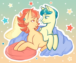 Size: 2587x2123 | Tagged: safe, artist:avatutina, aunt holiday, auntie lofty, earth pony, pegasus, pony, g4, blanket, canon couple, commission, cute, female, high res, lesbian, looking at each other, love, married couple, stars, ych result