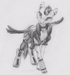 Size: 2229x2385 | Tagged: safe, artist:joestick, zipp storm, cyborg, pegasus, pony, g5, my little pony: a new generation, boots, choker, clothes, cyberpunk, eyeshadow, female, high res, jacket, jewelry, makeup, mare, monochrome, pencil drawing, shoes, skirt, socks, stockings, thigh highs, traditional art