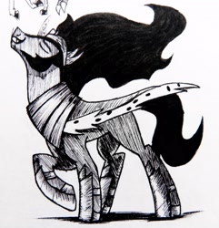 Size: 3072x3191 | Tagged: safe, artist:winnietrap, king sombra, pony, unicorn, g4, the beginning of the end, antagonist, armor, black and white, cape, clothes, curved horn, ethereal mane, eyes closed, fabulous, fangs, grayscale, high res, horn, majestic, male, mane flip, monochrome, raised hoof, shadow, solo, stallion, stupid sexy sombra, teeth, traditional art