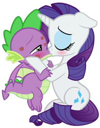 Size: 1132x1450 | Tagged: safe, artist:georgegarza01, rarity, spike, dragon, pony, unicorn, g4, blushing, duo, eyes closed, eyeshadow, female, floppy ears, green eyes, hooves on cheeks, horn, kiss mark, kiss on the lips, kissing, lipstick, makeup, male, mare, ship:sparity, shipping, show accurate, simple background, straight, transparent background, vector, winged spike, wings