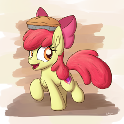 Size: 2250x2250 | Tagged: safe, artist:litrojia, apple bloom, earth pony, pony, g4, abstract background, chest fluff, ear fluff, female, filly, food, high res, open mouth, open smile, orange eyes, pie, red mane, red tail, smiling, solo, standing, standing on two hooves, tail