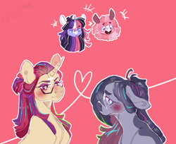 Size: 2000x1632 | Tagged: safe, artist:orphicswanart, marble pie, moondancer, pinkie pie, twilight sparkle, earth pony, pony, unicorn, g4, blushing, female, floppy ears, heart, lesbian, marbledancer, redesign, shipping, smiling