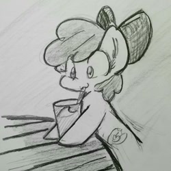 Size: 861x861 | Tagged: safe, artist:zutcha, apple bloom, earth pony, pony, g4, cute, drinking, drinking straw, female, filly, sketch, smiling, solo, table, traditional art