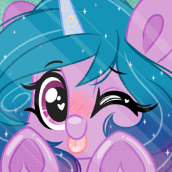 Size: 2000x2000 | Tagged: safe, artist:emberslament, izzy moonbow, pony, unicorn, g5, my little pony: a new generation, ;p, blushing, close-up, cute, female, heart eyes, high res, izzybetes, looking at you, mare, one eye closed, solo, tongue out, underhoof, wingding eyes, wink, winking at you