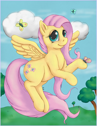 Size: 1400x1818 | Tagged: safe, artist:ratwhiskers, fluttershy, butterfly, pegasus, pony, cloud, cute, female, flying, looking at you, mare, outdoors, shyabetes, smiling, solo, spread wings, wings