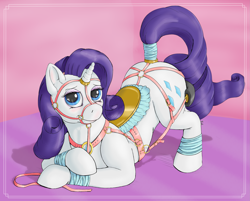 Size: 2987x2400 | Tagged: safe, artist:ratwhiskers, rarity, pony, unicorn, g4, bedroom eyes, bondage, breast collar, breeching, crupper, female, halter, harness, high res, horn, horn ring, martingale, reins, ring, saddle, sexy saddle, smiling, solo, tack, tail, tail wrap, tie down, tug (tack)