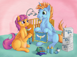 Size: 2178x1600 | Tagged: safe, artist:ratwhiskers, scootaloo, oc, oc:harmony star, alicorn, pegasus, pony, ask pregnant scootaloo, g4, alicorn oc, ask, baby bottle, crib, cup, diaper, duo, female, horn, male, mobile, pacifier, pregnant, pregnant scootaloo, sippy cup, teen pregnancy, teenager, wings
