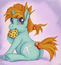 Size: 1200x1277 | Tagged: safe, artist:ratwhiskers, snips, pony, unicorn, g4, butt, chubby, cookie, female, filly, food, plot, rule 63, sitting, solo, sugar
