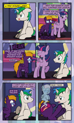 Size: 1920x3169 | Tagged: safe, artist:alexdti, twilight sparkle, oc, oc:purple creativity, oc:star logic, alicorn, ghost, pegasus, pony, undead, unicorn, comic:quest for friendship, g4, ^^, comic, derp, dialogue, eyes closed, female, floppy ears, folded wings, glasses, grin, horn, implied rainbow dash, looking at someone, magic, male, mare, multicolored mane, multicolored tail, nose in the air, open mouth, open smile, pegasus oc, purple eyes, raised hoof, shadow, shrunken pupils, sitting, smiling, speech bubble, stallion, tail, tongue out, twilight sparkle (alicorn), twilight's castle, two toned mane, underhoof, unicorn oc, walking, wings, wings down